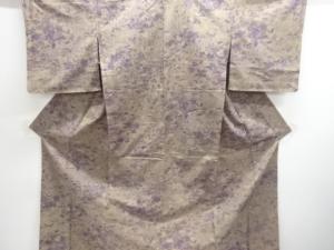 アンティーク　家屋に草花模様手織り紬単衣着物